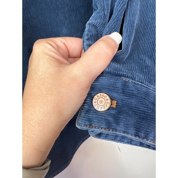 See by Chloe Knotted Tie Codruroy Blouse Top Women's Dusky Blue Size: Large NWT - Picture 4 of 10